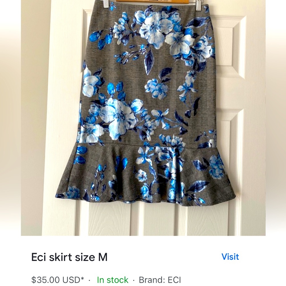 Black and White Plaid with Blue and Silver Floral Pencil Skirt Flared in Knee